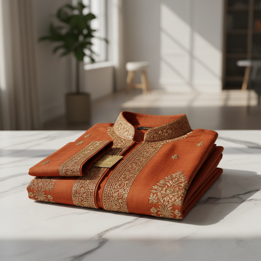 Rust orange embroidered kurta